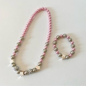 4/$15 Cute Kids Girls Pink Pearls Silver Stars Necklace Bracelet Set